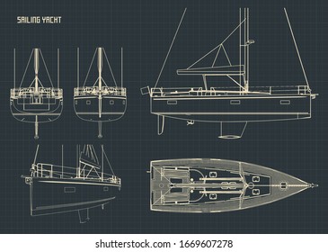 Stylized vector illustration of blueprints of a sailing yacht