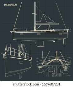 Stylized vector illustration of blueprints of a sailing yacht