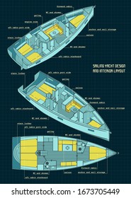 Stylized vector illustration of blueprints of a Sailing yacht design and interior layout color blueprints