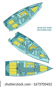 Stylized vector illustration of blueprints of a Sailing yacht design and interior layout color illustration