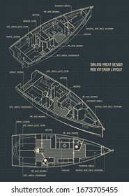 Stylized vector illustration of blueprints of a Sailing yacht design and interior layout