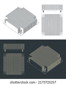 Stylized Vector Illustration Of Blueprints Of Server CPU Cooler