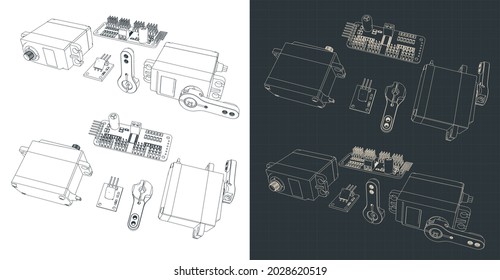 Stylized vector illustration of blueprints of servo motor kit
