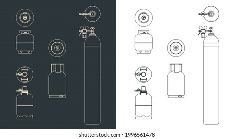 Ilustración vectorial estilizada del conjunto de cilindros de gas
