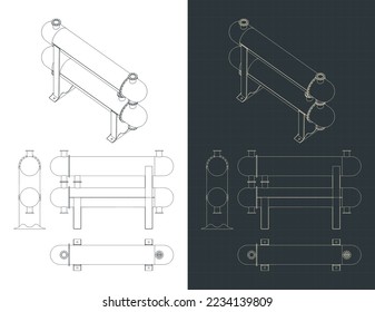 Ilustración vectorial estilizada de planos de intercambiador de calor de cáscara y tubo