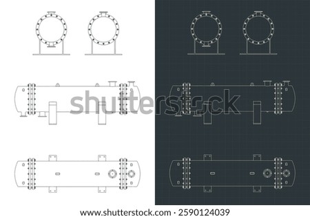 Stylized vector illustration of blueprints of shell and tube heat exchanger