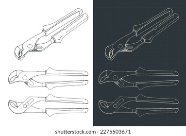 Stylized vector illustration of blueprints of slip joint water pump pliers