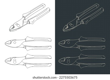 Stylized vector illustration of blueprints of slip joint pliers