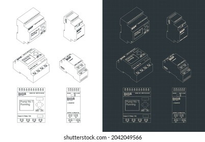 Stylized vector illustration of blueprints of smart relay mini set