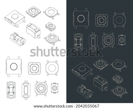 Stylized vector illustration of blueprints of SMD momentary tactile switches and buttons