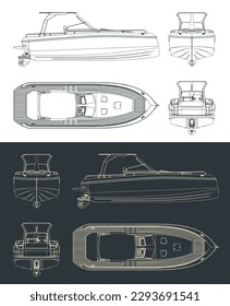 Stylized vector illustration of blueprints of speedboat