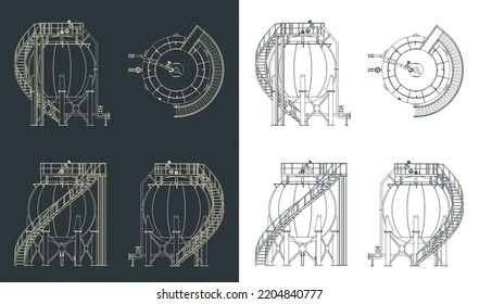 Stylized vector illustration of blueprints of spherical storage tank