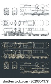 Ilustración vectorial estilizada de planos de locomotora de vapor