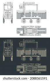 Ilustración vectorial estilizada de planos del portador de la plataforma en el proceso de transporte de un contenedor