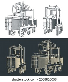 Ilustración vectorial estilizada de planos del portador de la plataforma en el proceso de transporte de un contenedor