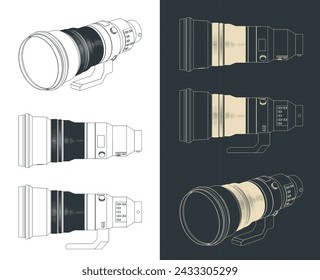 Stylized vector illustration of blueprints of super-telephoto lens