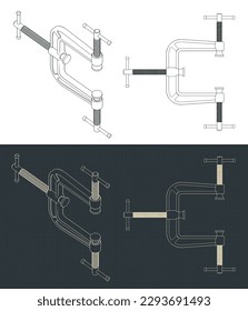 Stylized vector illustration of blueprints of three way C-clamp