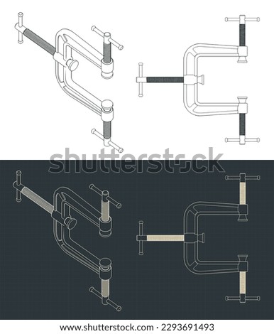 Stylized vector illustration of blueprints of three way C-clamp