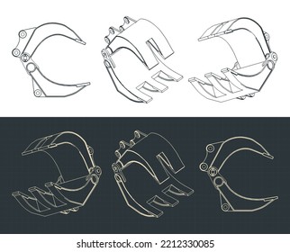 Stylized vector illustration of blueprints of tractor grab loader