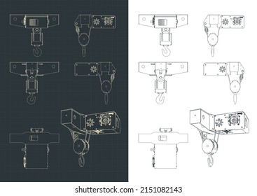 Stylized vector illustration of blueprints of trolley for bridge crane