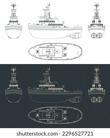 Stylized vector illustration of blueprints of tug boat