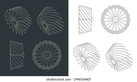 Stylized vector illustration of blueprints of turbine impeller