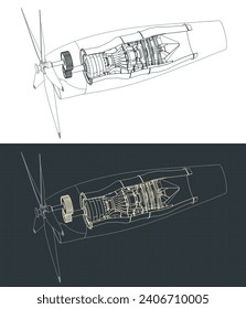 Stylized vector illustration of blueprints of turboprop engine