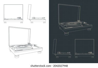 Stylized vector illustration of blueprints of turntable vinyl
