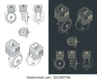 Stylized Vector Illustration Of Blueprints Of Two Stroke Engine