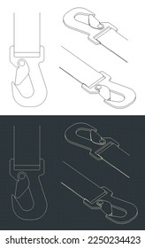 Stylized vector illustration of blueprints of webbing sling hook