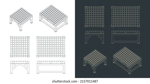 Stylized vector illustration of blueprints of welding tables