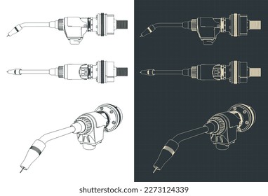 Ilustración vectorial estilizada de planos de la antorcha de soldadura para un robot de soldadura