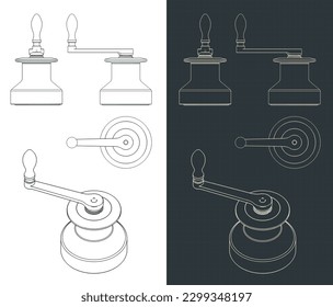 Stylized vector illustration of blueprints of winch for sailing boat