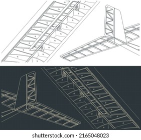 Stylized vector illustration of blueprints of wing and tail of the glider