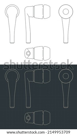 Stylized vector illustration of blueprints of wireless portable bluetooth headphones