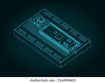 Stylized vector illustration of breadboard and microcontroller on it