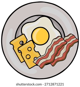 Eine stilisierte Vektorgrafik einer Frühstücksplatte mit einem gebratenen Ei, zwei Scheiben Käse und knusprigen Speckstreifen.