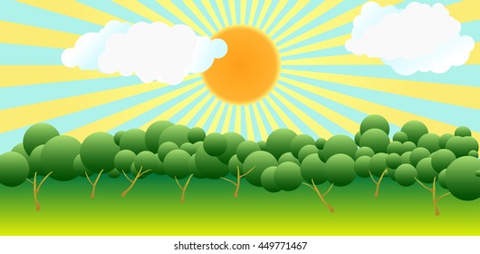 Stylized vector illustration with bright sun, radiating sunshine, clouds, trees and meadows.