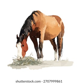 Ilustración vectorial estilizada de un caballo marrón comiendo heno. Ideal para temas de animales de granja, proyectos ecuestres, diseños de naturaleza y contenido educativo para niños.