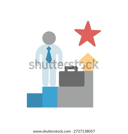 Stylized vector illustration of a businessman with briefcase climbing steps toward a star. Flat design with a clean, modern aesthetic.