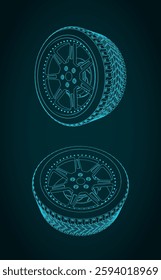 Stylized vector illustration of car wheel blueprints