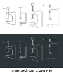 Stylized vector illustration of a c-clamp drawings mini set