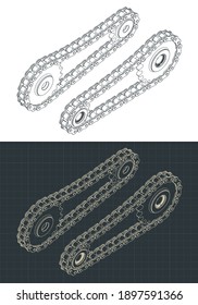 Stylized vector illustration of chain drive isometric drawings