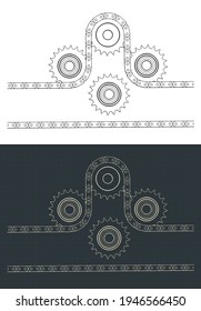 Stylized vector illustration of Chain drive and sprocket  drawings