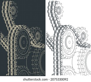 Stylized vector illustration of chain drive and gears close up