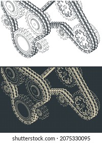 Stylized vector illustration of chain drive and gears close up