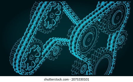 Stylized vector illustration of chain drive and gears close up