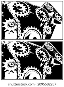 Stylized vector illustration of chain drives mechanisms, gears and chain transmission close up