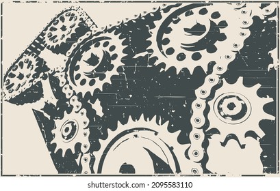 Stylized vector illustration of chain drives mechanisms, gears and chain transmission close up retro poster style