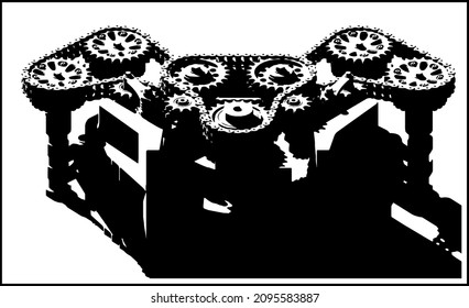 Stylized vector illustration of chain drives mechanisms, gears and chain transmission